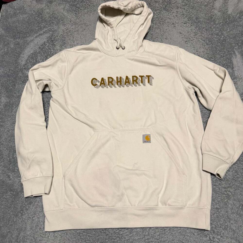 Carhartt Hoodie Mens Large Loose Rain Defender Arm Graphic Cream Workwear